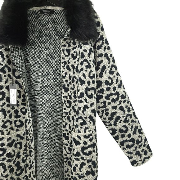 ii Sisters Leopard Print Open Front Long Cardigan Womens M Removable Collar NEW - Picture 11 of 16